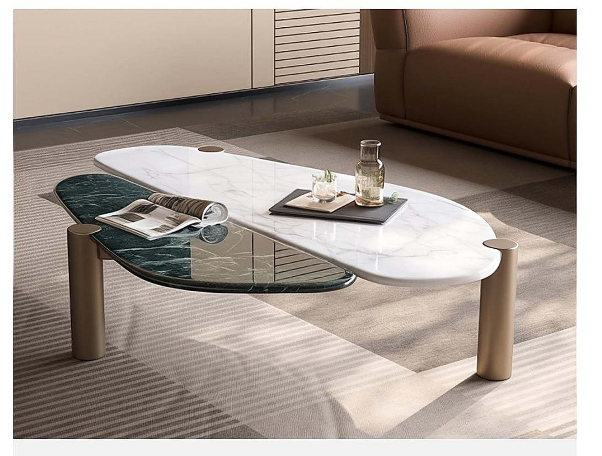 UTMG coffee and side tables in marble, glass, and bronze