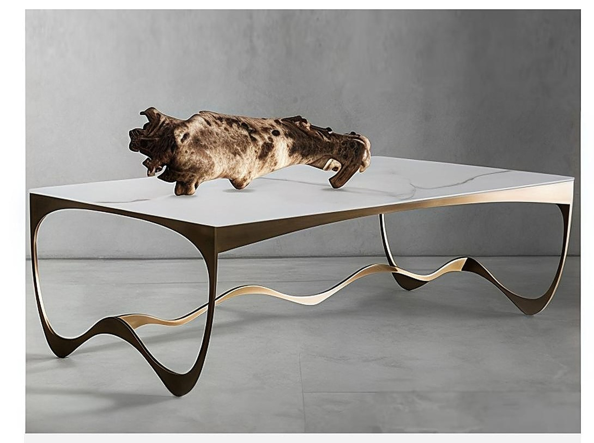 Onda Sculptural — White sintered stone top, antique-bronze cast ribbon frame