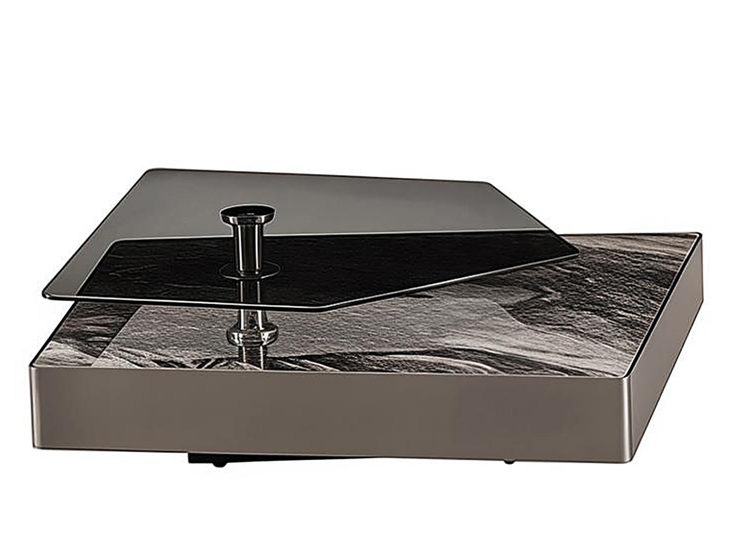 Faceted Rock Table — Grey rock-slab surface, gunmetal lacquer plinth, smoked glass tier
