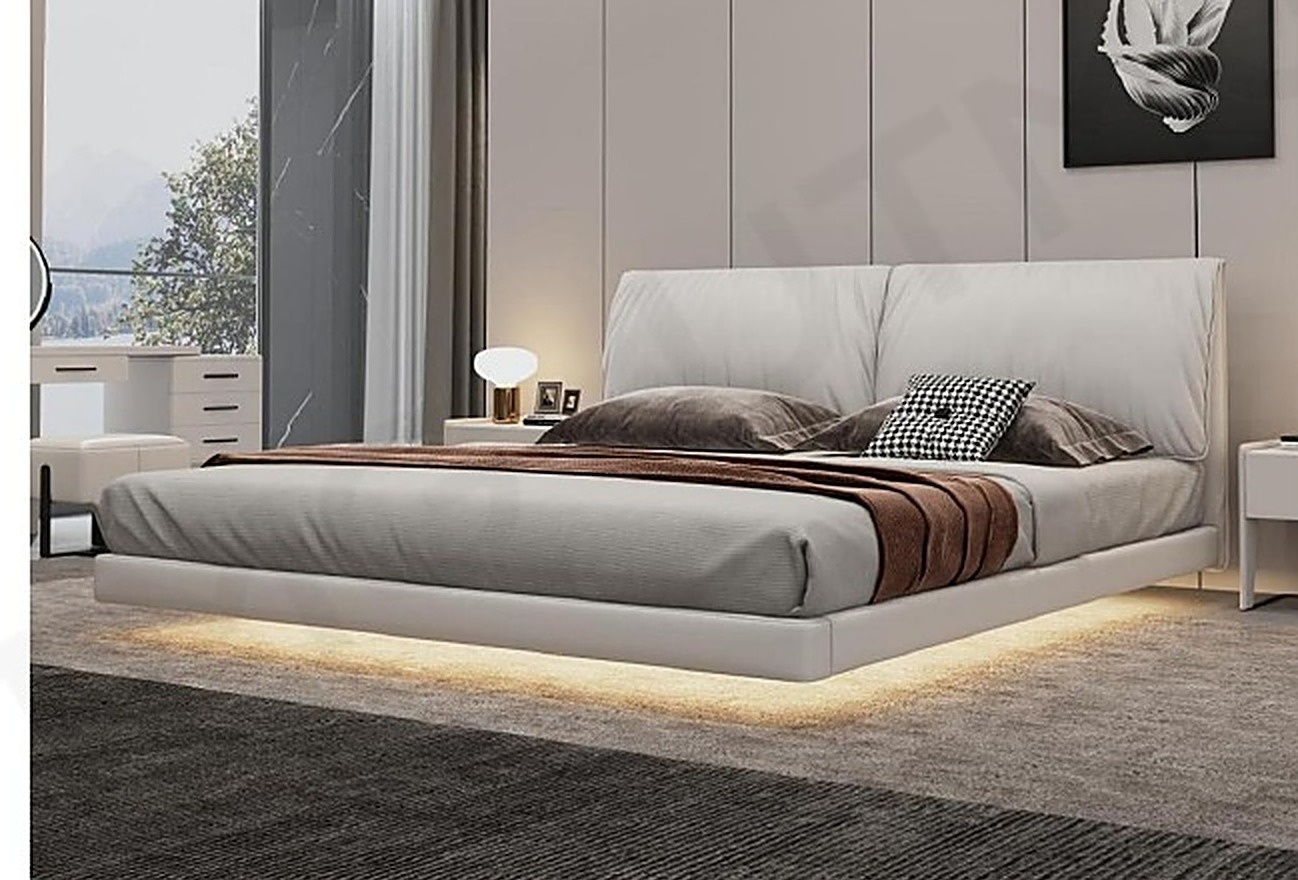 Floating Bed VIII — Ivory — Ivory genuine leather, twin-cushion headboard, concealed lighting