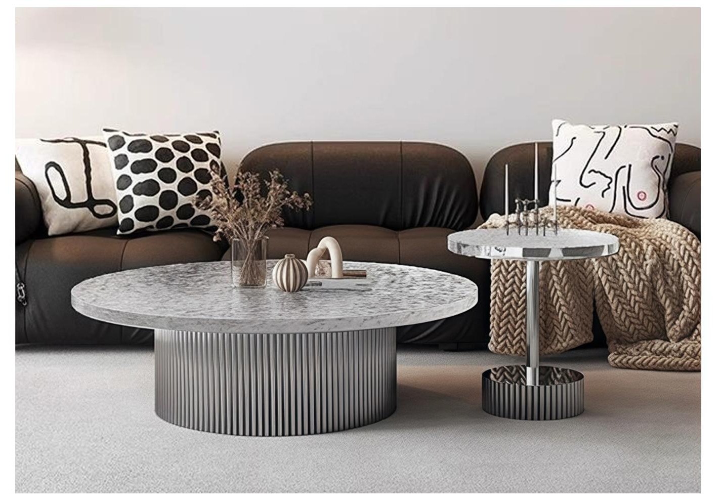 Colonna Round & Side — Carrara marble tops, fluted polished stainless drum and column bases