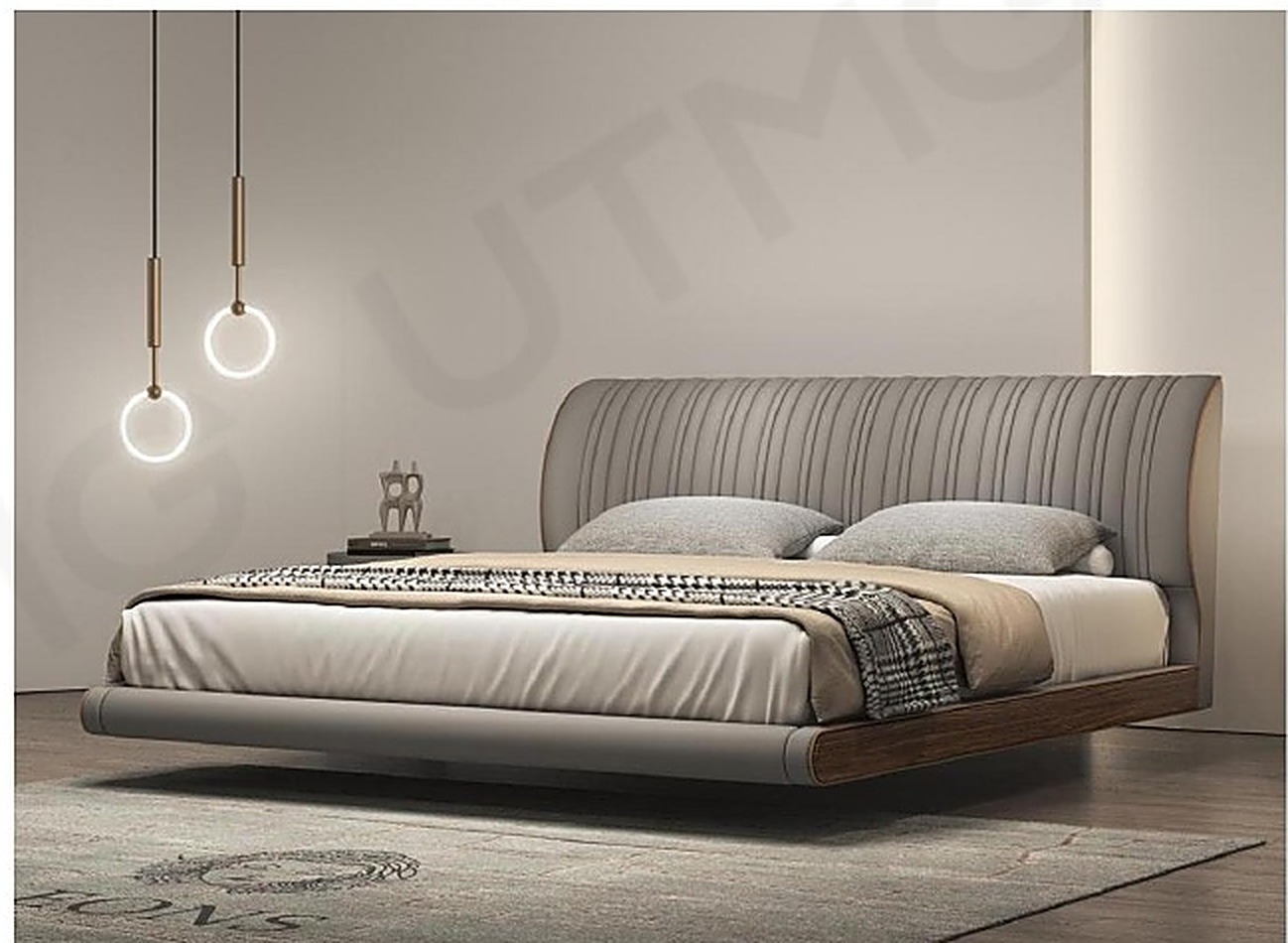 Floating Bed III — Walnut Trim — Grey genuine leather, channel tufting, solid walnut base trim