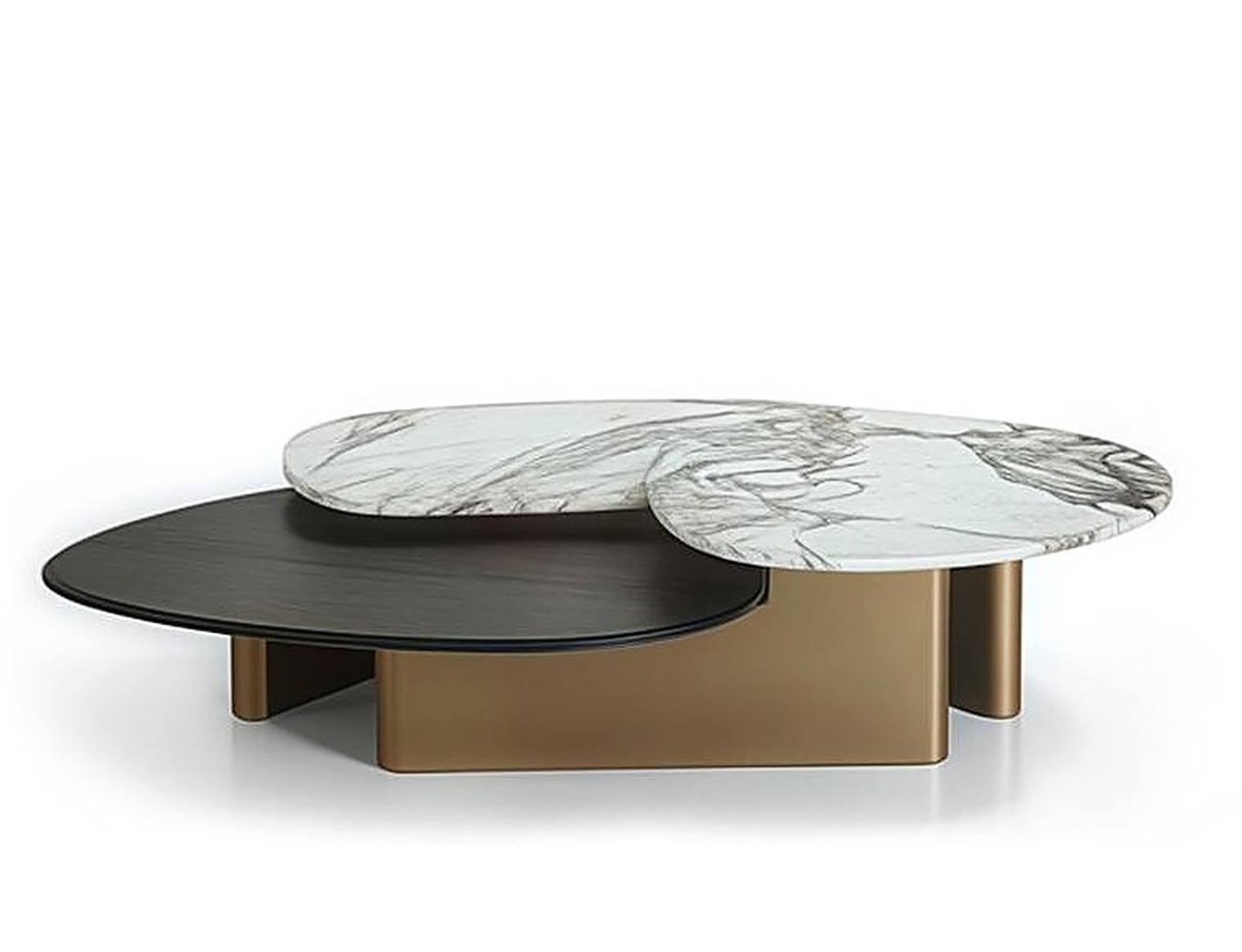 Sfoglia Nesting Pair — Veined white marble top, espresso-stained wood top, bronze-finish metal plinths