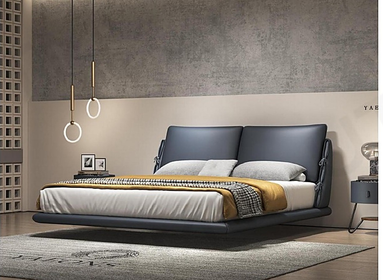 Floating Bed V — Navy Strap — Navy genuine leather, buckled side straps, concealed steel frame