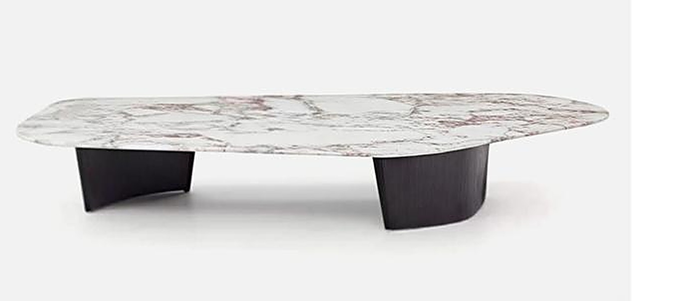 Fissure Long Table — White stone slab with veining, dark brushed panel legs