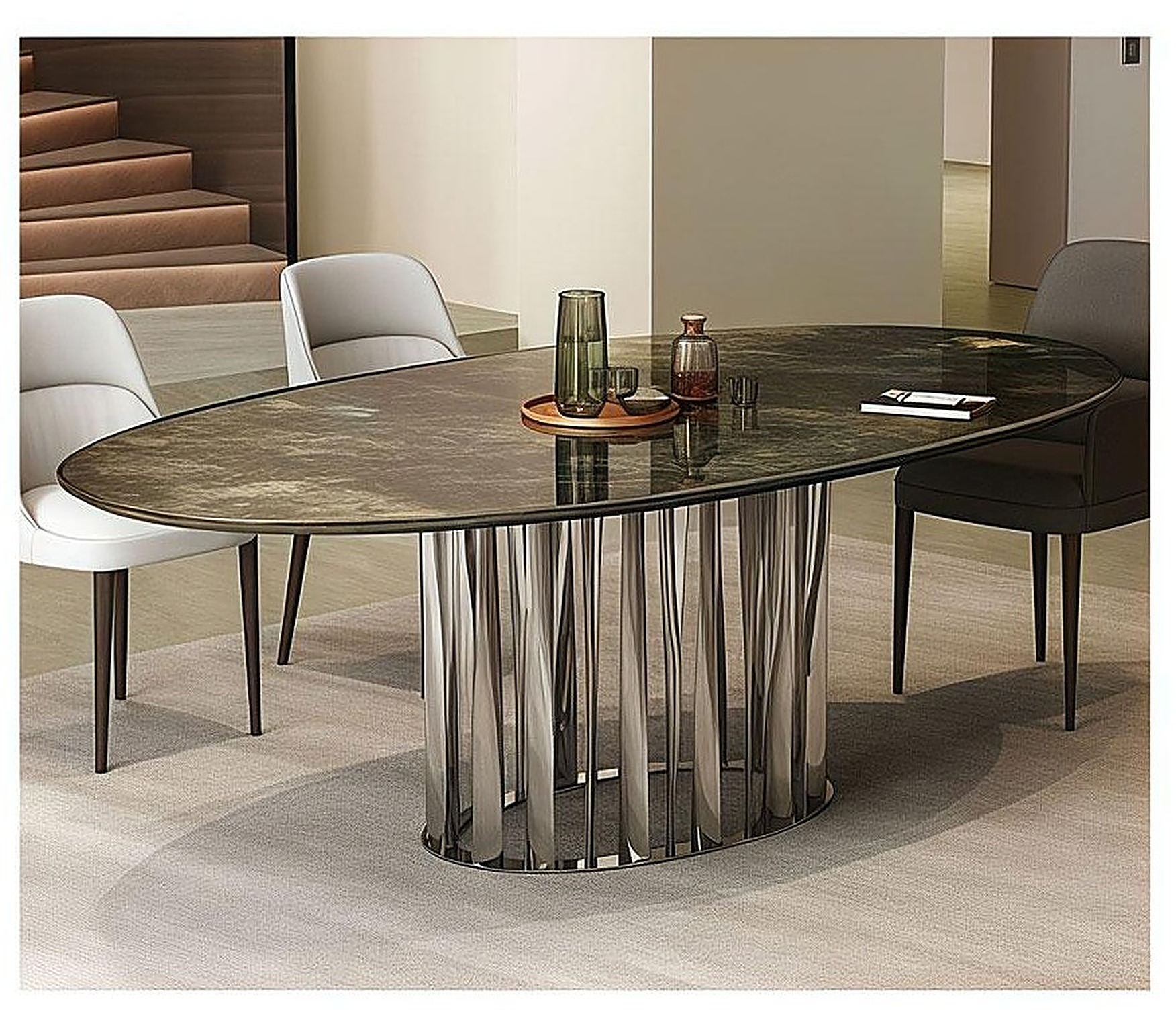 Ovale Fluted — Smoked stone top, fluted polished steel base