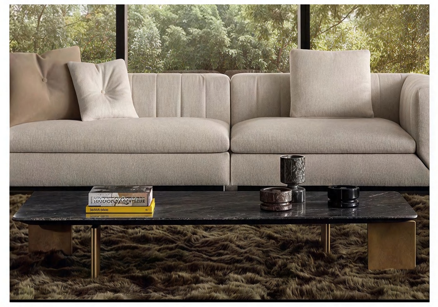 Nero Bench Table — Nero Marquina marble top, satin brass fin legs