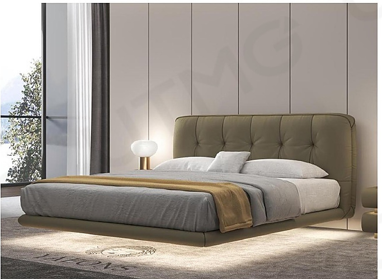 Floating Bed IV — Tufted Olive — Olive-taupe genuine leather, button tufting, backlit floating plinth