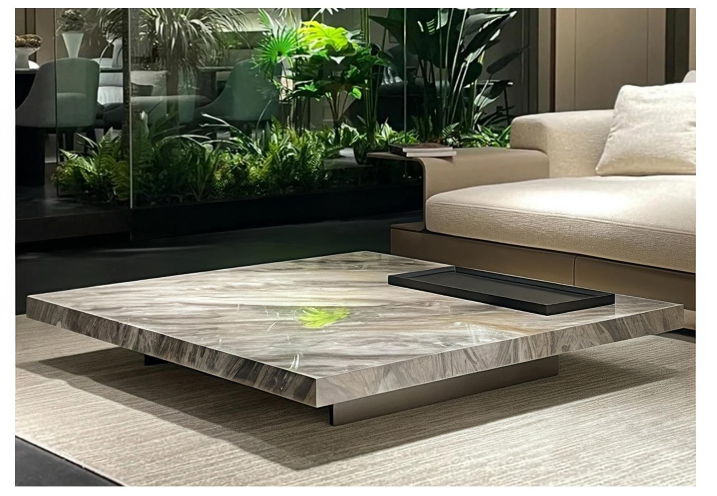 Lastra Square — Book-matched grey-vein marble slab, mitred edge, bronzed steel recessed base