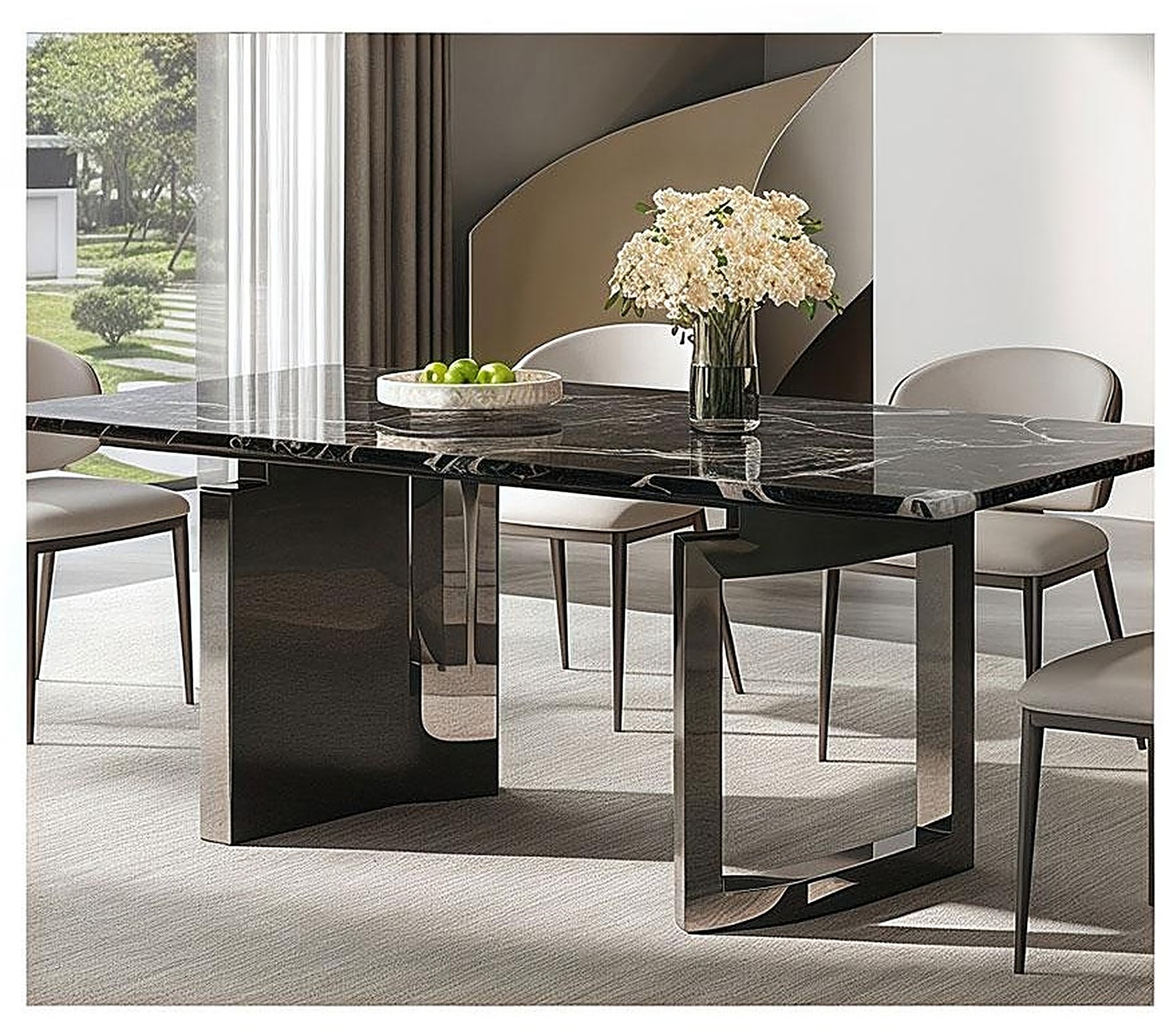 Nero Rettangolare — Nero Marquina marble, mirror-polished dark steel plinths