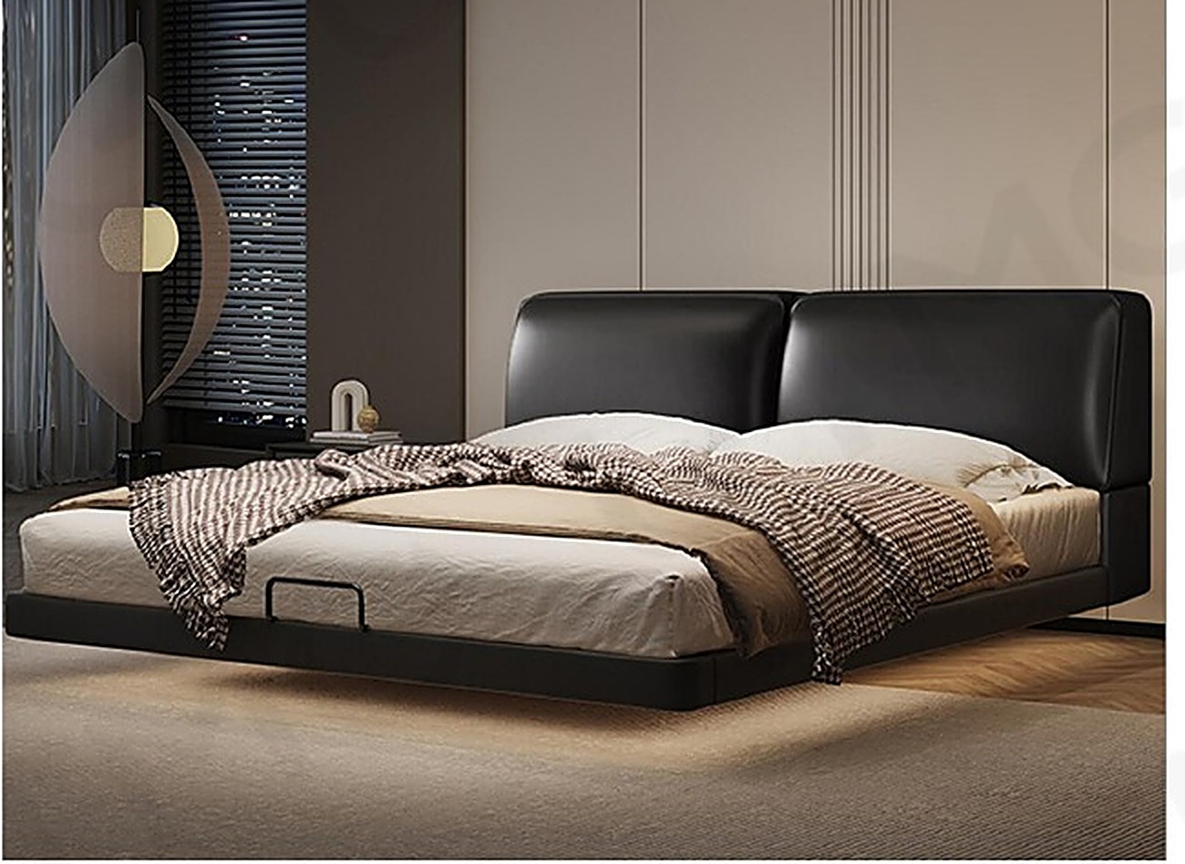 Floating Bed VI — Black Leather — Black genuine leather, twin-panel headboard, concealed base