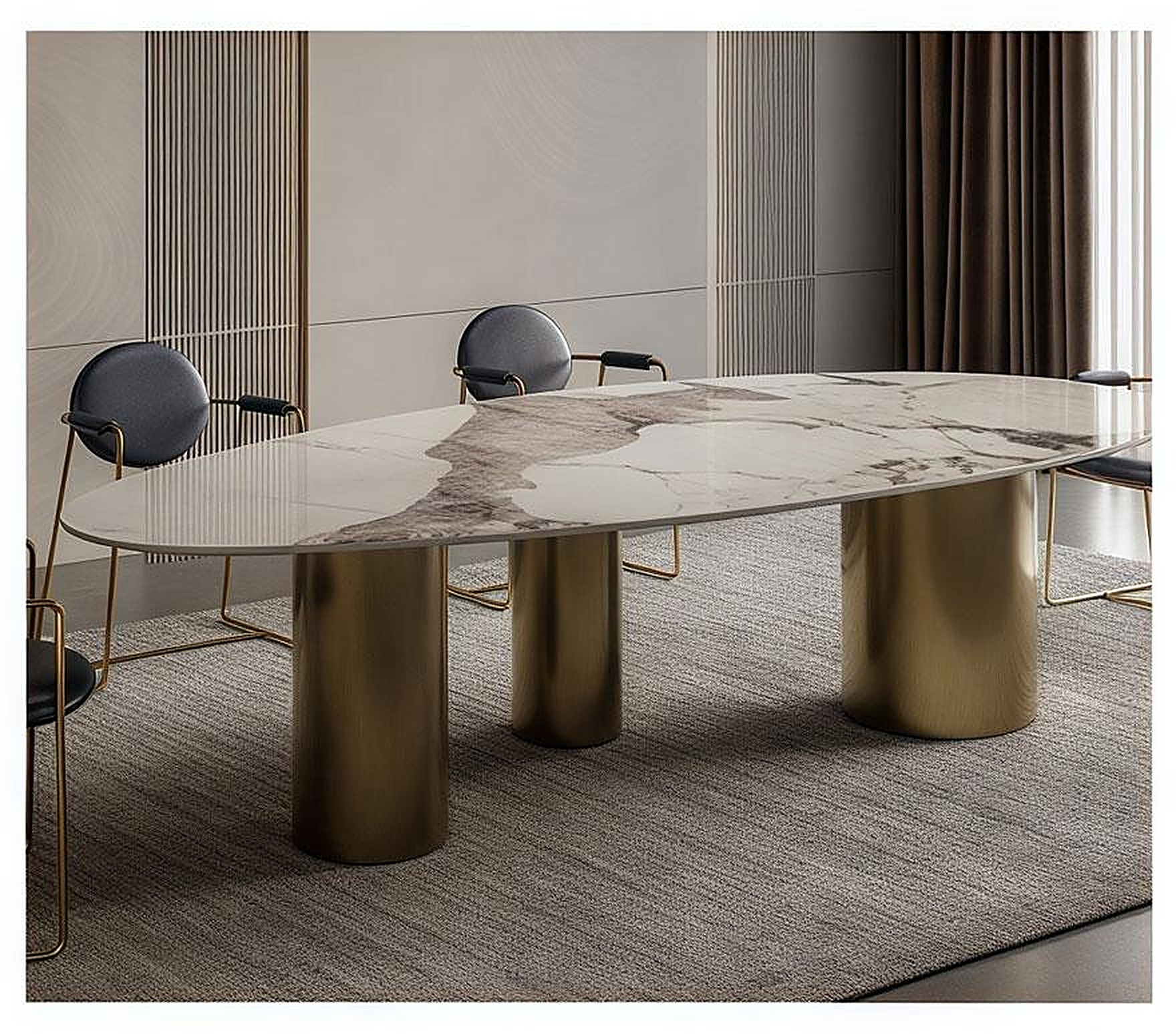 UTMG oval Calacatta dining table on three brushed brass cylinders