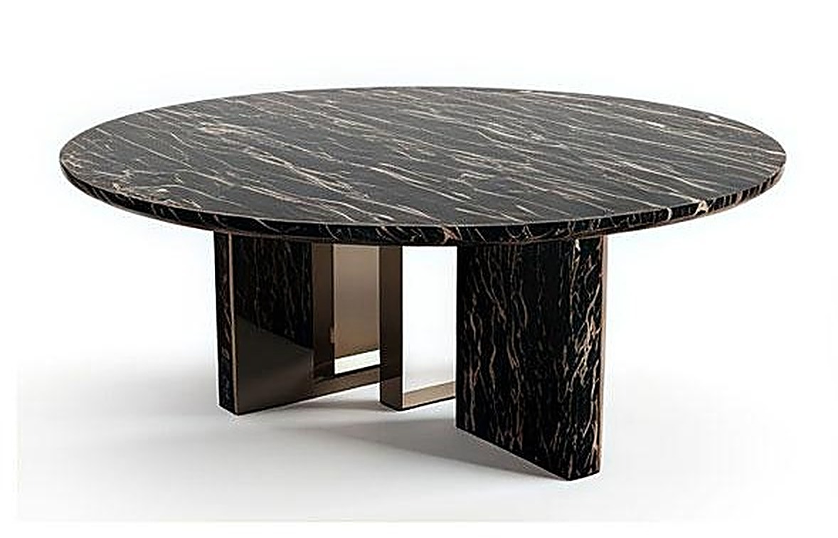 Monolite Round — Black-and-gold marble top, stone blade base with bronze inlay