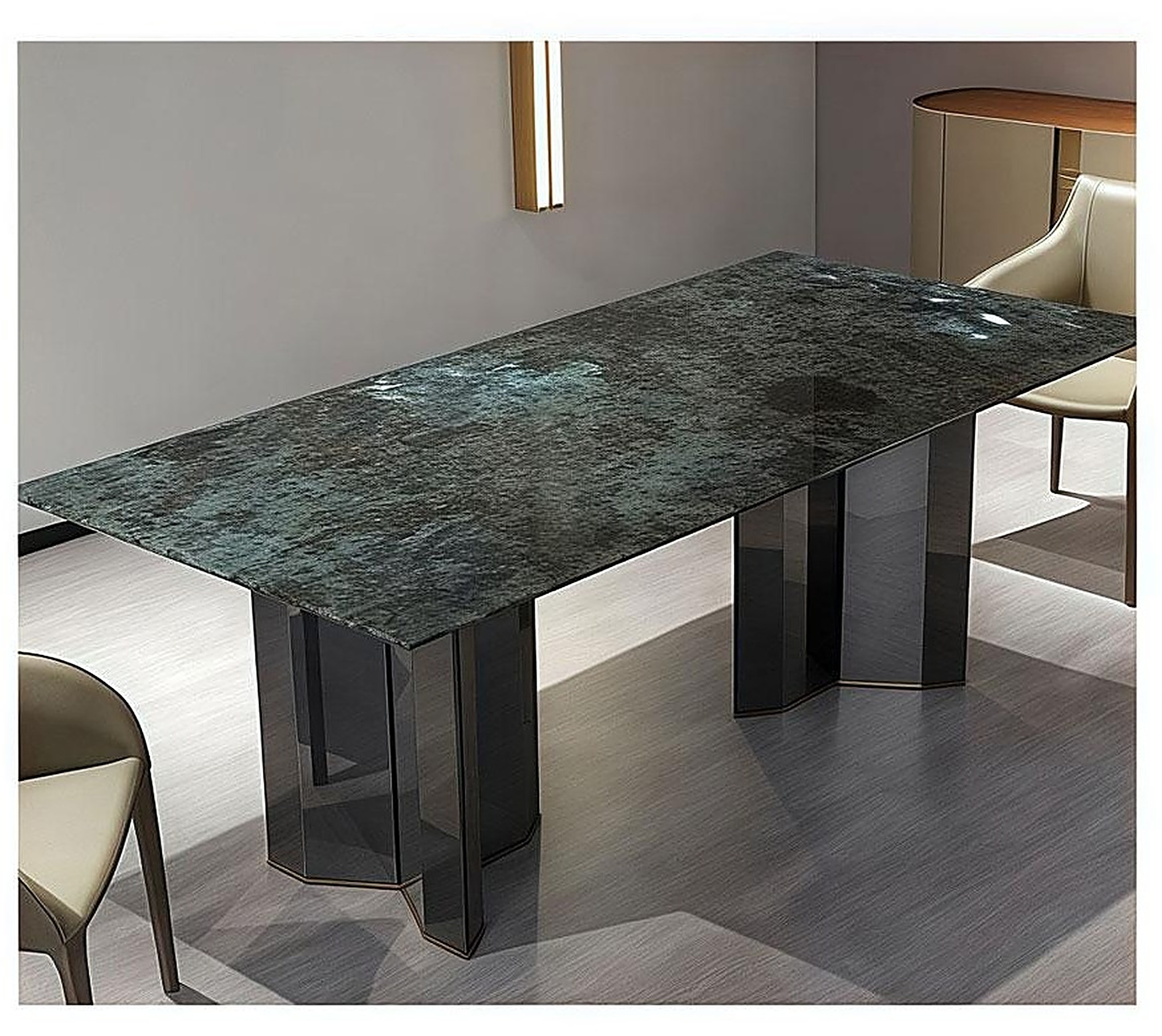 Verde Rettangolare — Green granite top, faceted gunmetal columns