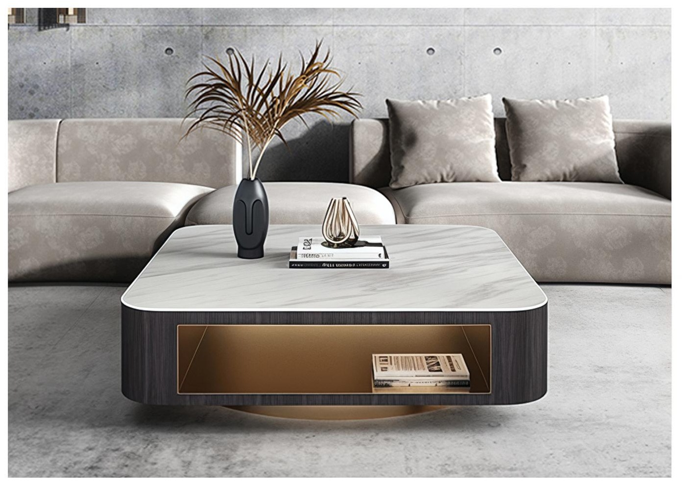 Vano Storage — White marble top, dark grain-lacquer body, brushed brass-lined niche