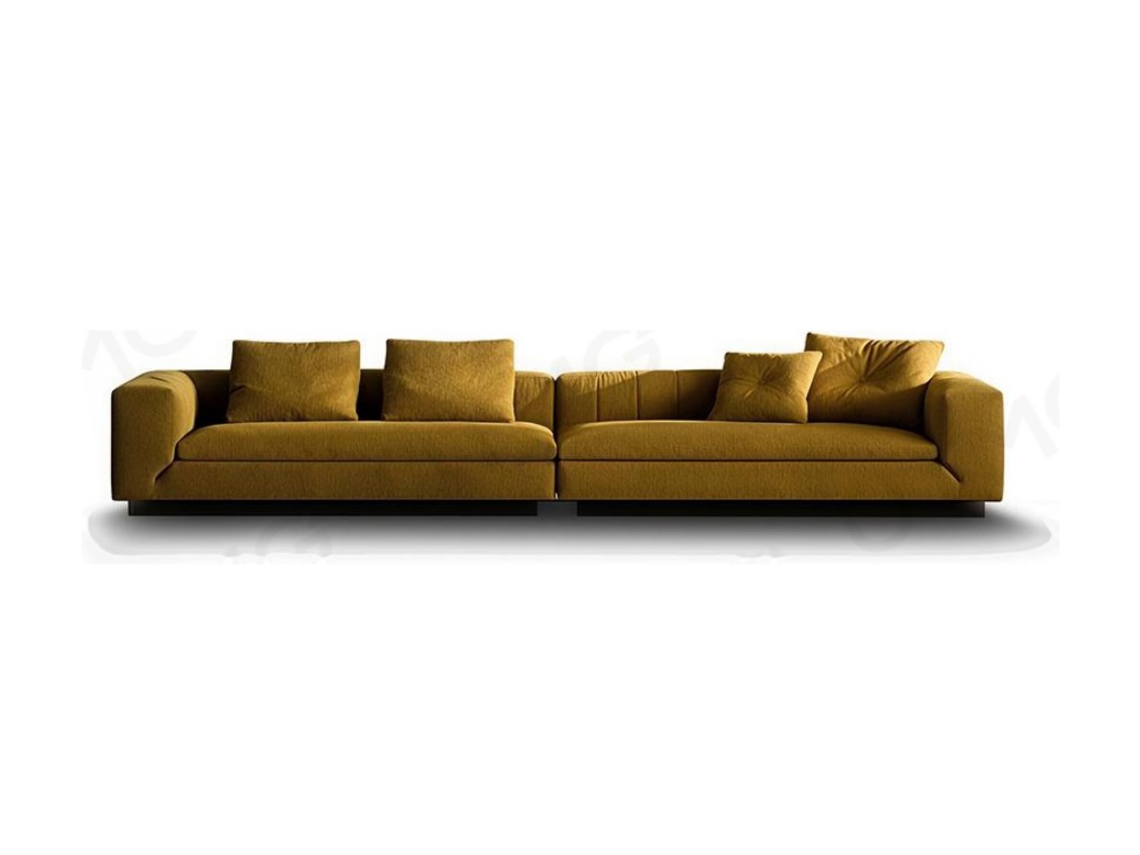 Riley Sofa — Mustard performance fabric, recessed espresso base, custom sizes available