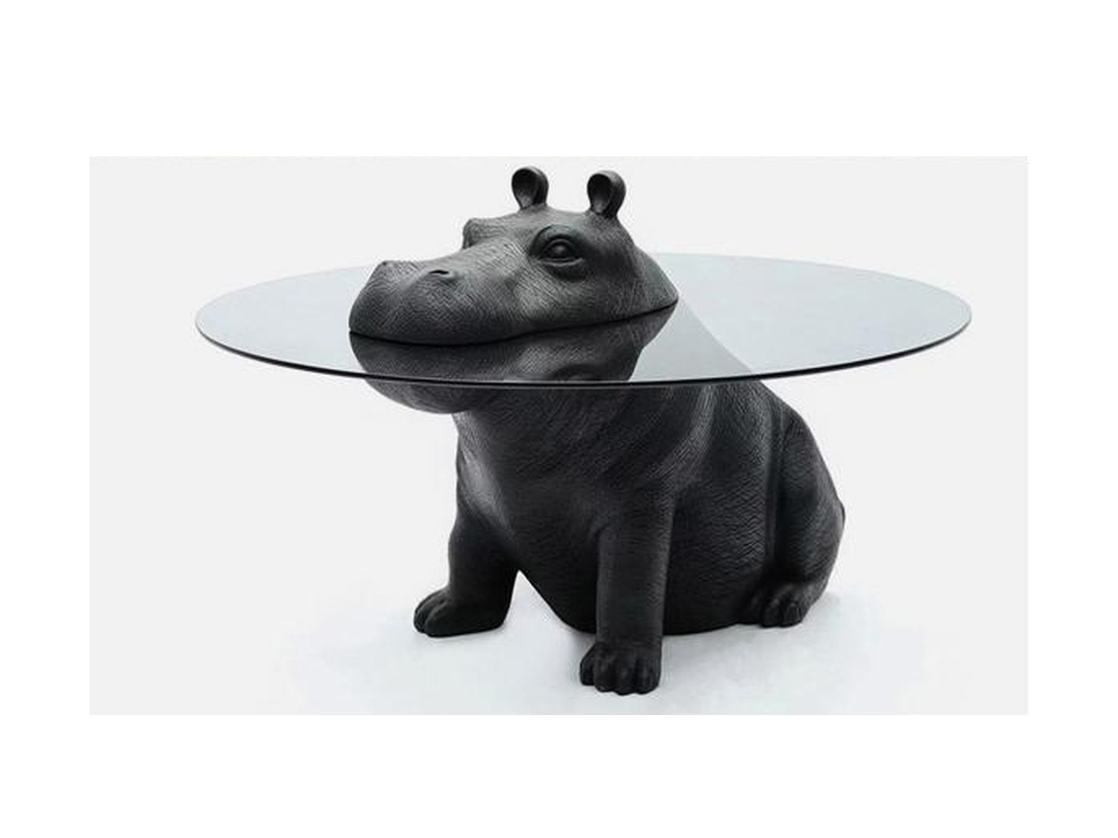Hippo Table — Black textured hippo sculpture base, round tempered smoked glass top