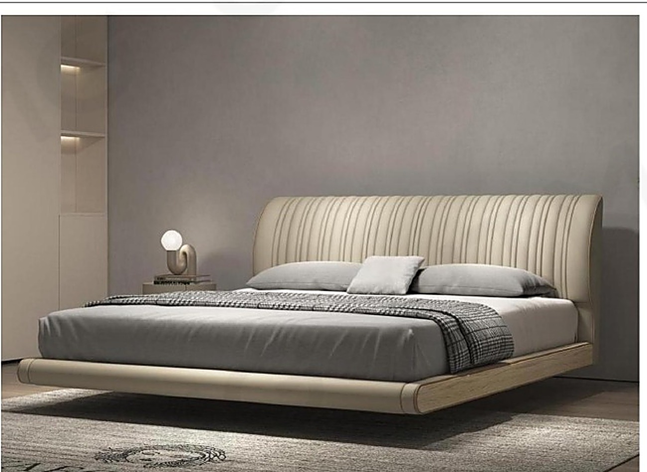 Floating Bed II — Curved Cream — Cream genuine leather, vertical channel tufting, recessed plinth