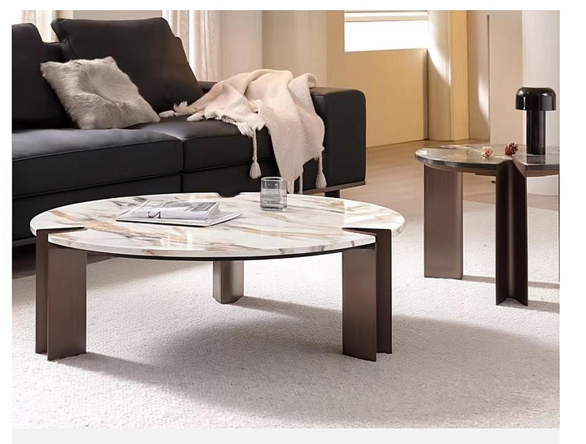 Brutalist Slab Table — Calacatta-veined stone top, bronzed metal slab legs