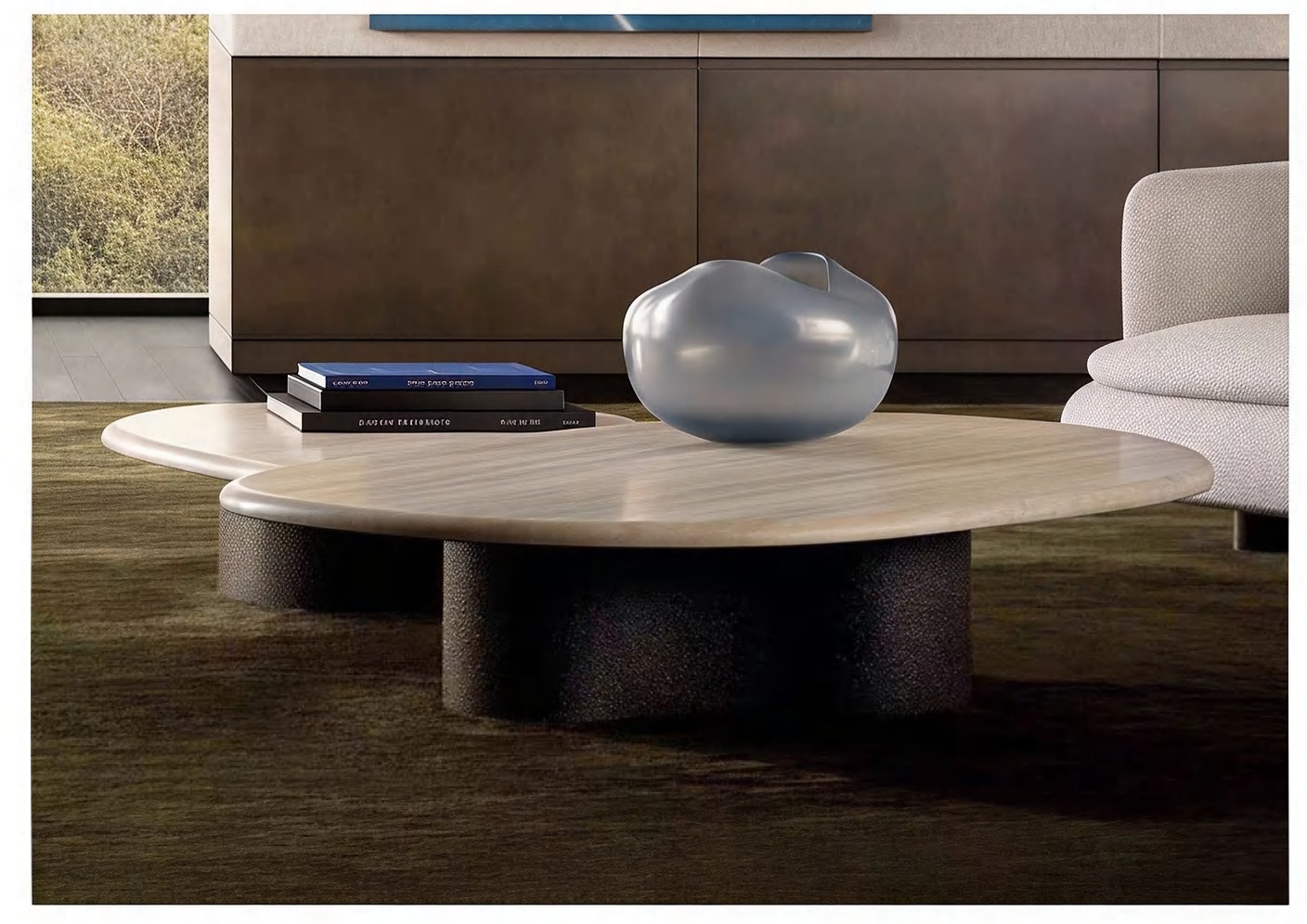 Duna Travertine — Honed travertine tops, textured dark shagreen-effect drum bases