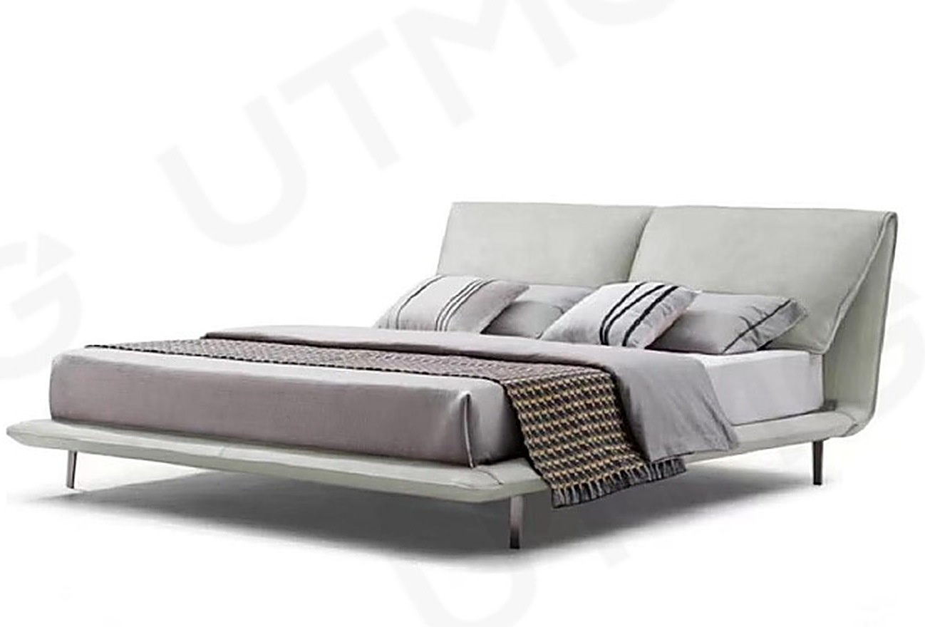 Floating Bed X — Tall Grey — Pale grey genuine leather, tall cushion headboard, slim steel legs