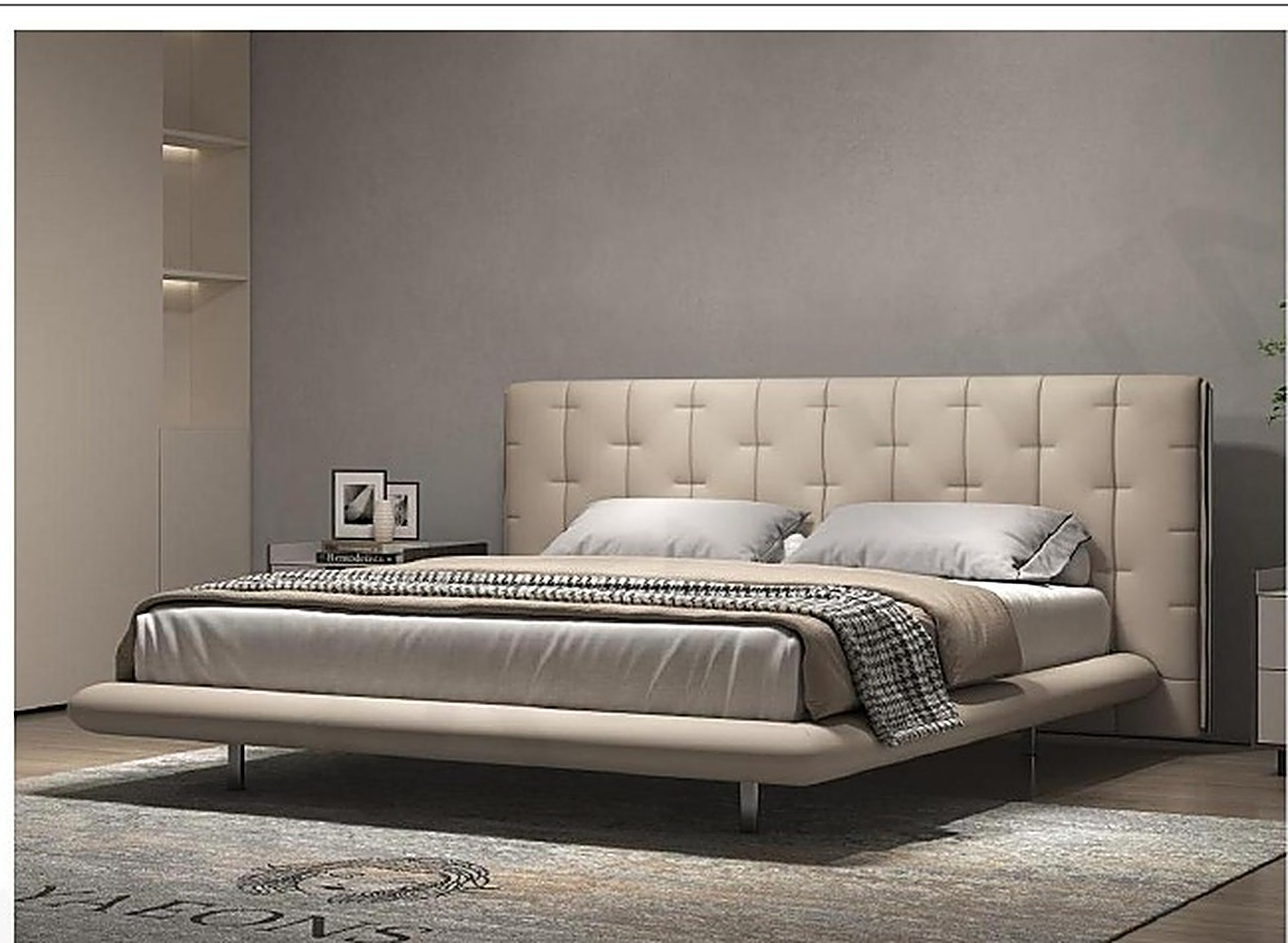Floating Bed I — Grid Taupe — Taupe genuine leather, grid tufting, slim polished steel legs