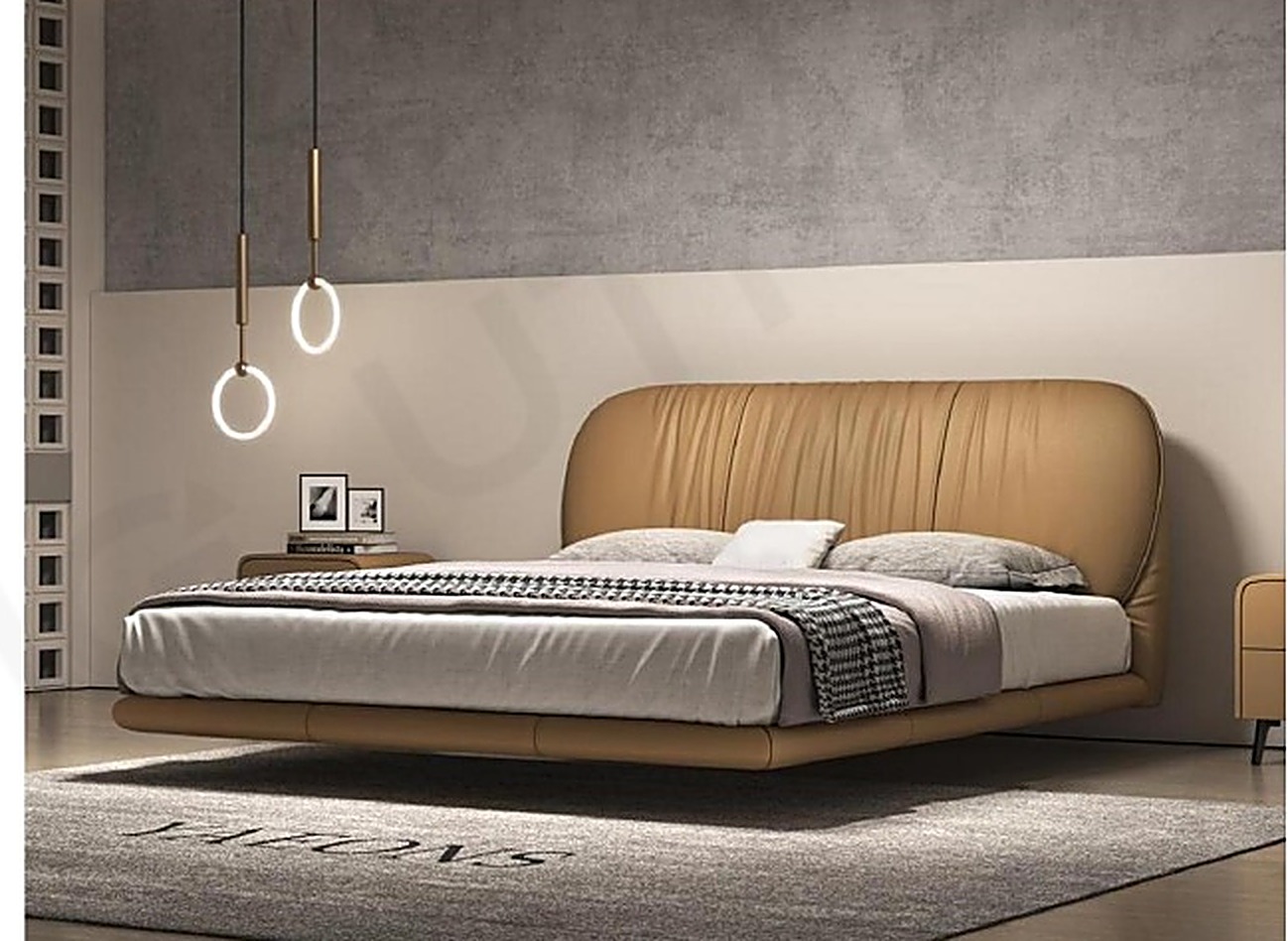 Floating Bed IX — Camel Shell — Camel genuine leather, sculpted shell headboard, recessed base