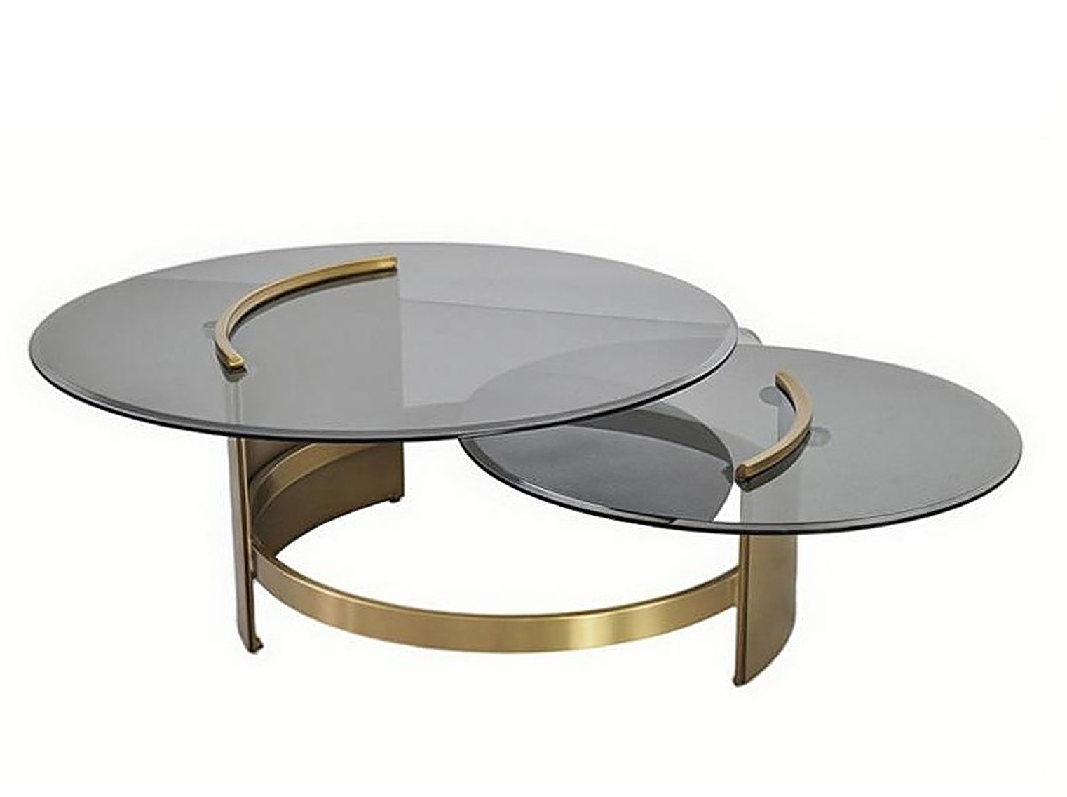 Luna Swivel Glass — Smoked tempered glass tops, satin brass arc frame