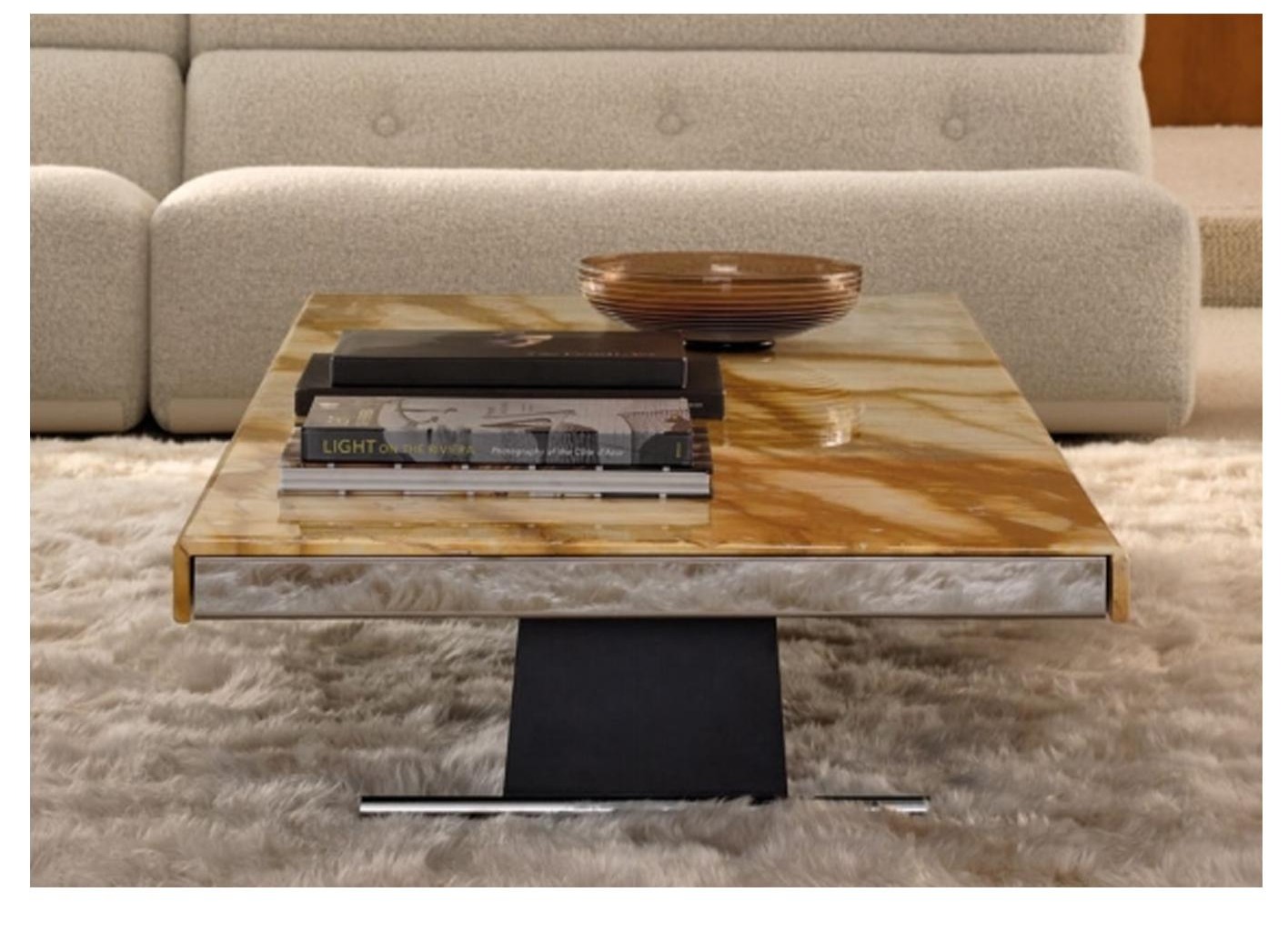 Onice Cantilever Table — Golden onyx top, mirror-polished stainless base, black lacquer stem