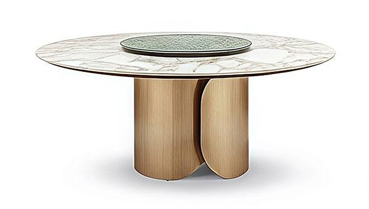 Quercia Round — Calacatta top, natural oak cylinder base